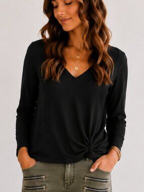 NIC+ZOE Ribbed Twist Front V-Neck Long Sleeve Knit Top Black Onyx Sz S EUC